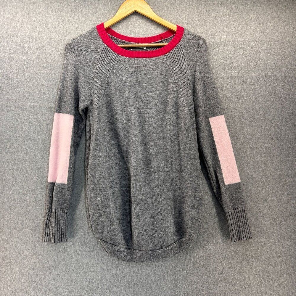 Anthropologie Women's XS Gray Pink Crewneck Sweater Colorblock Elbow Prep Rebeka
